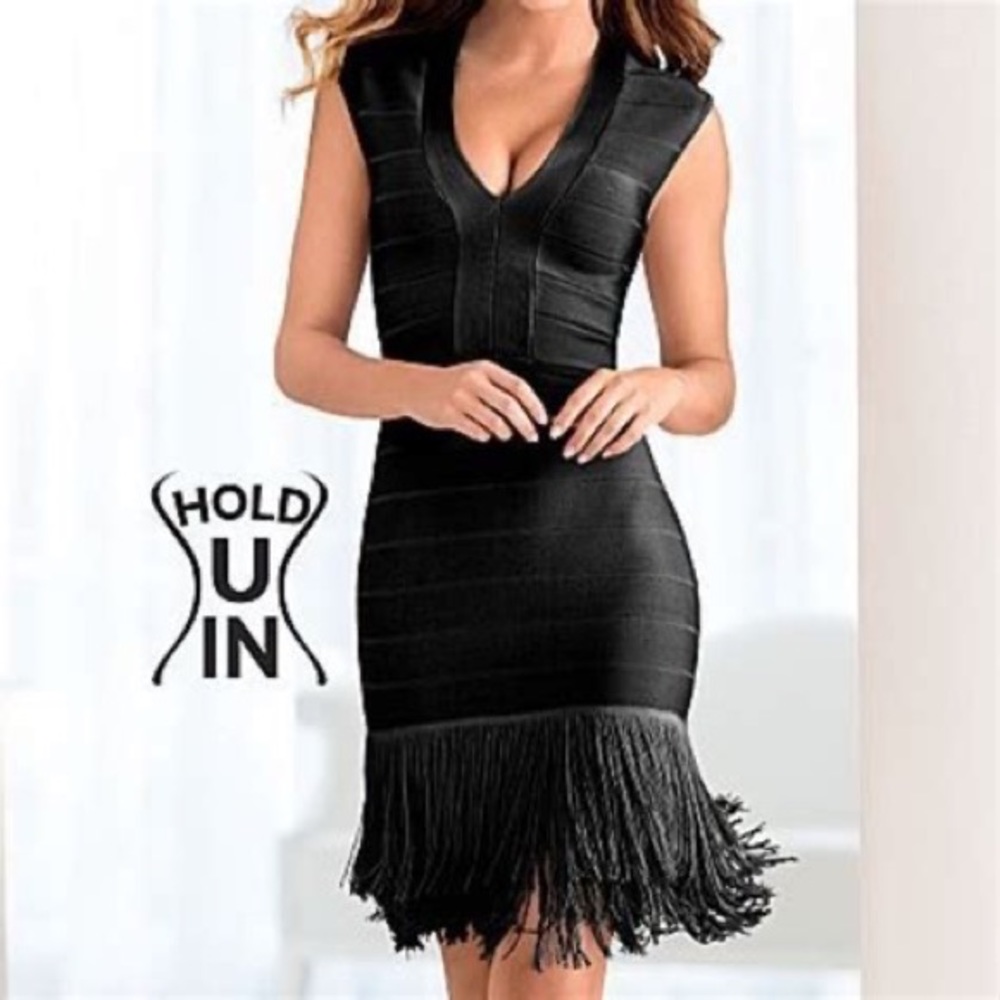 VENUS Slimming Fringe Dress - Black, Size 10